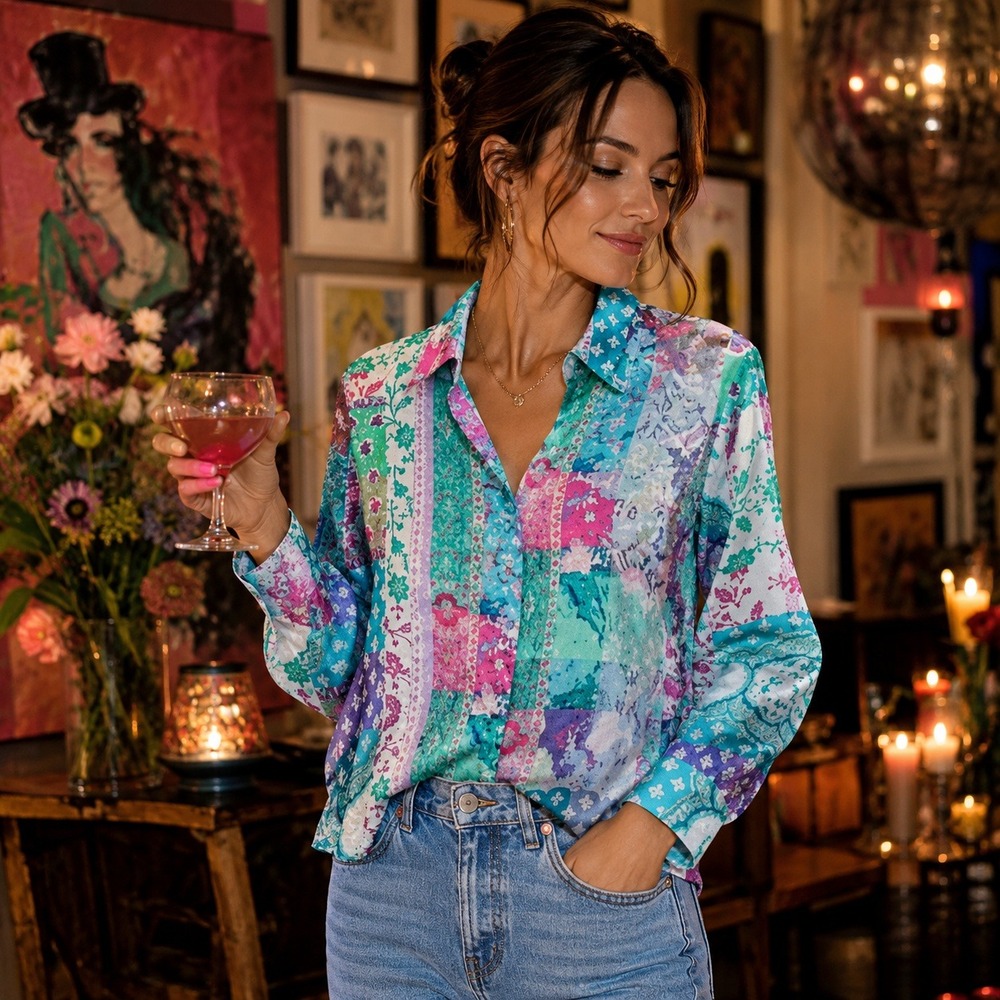 Industry Patchwork Button Down Medium Satin Paisley Boho Long Sleeve Artsy Shirt